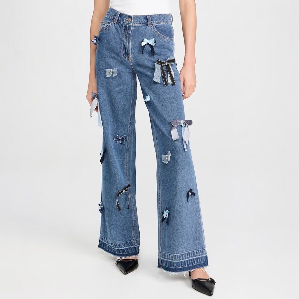 NWT LoveShackFancy Dessa Ribbon Bow Crystal Pearl Embellished Denim Jeans 25